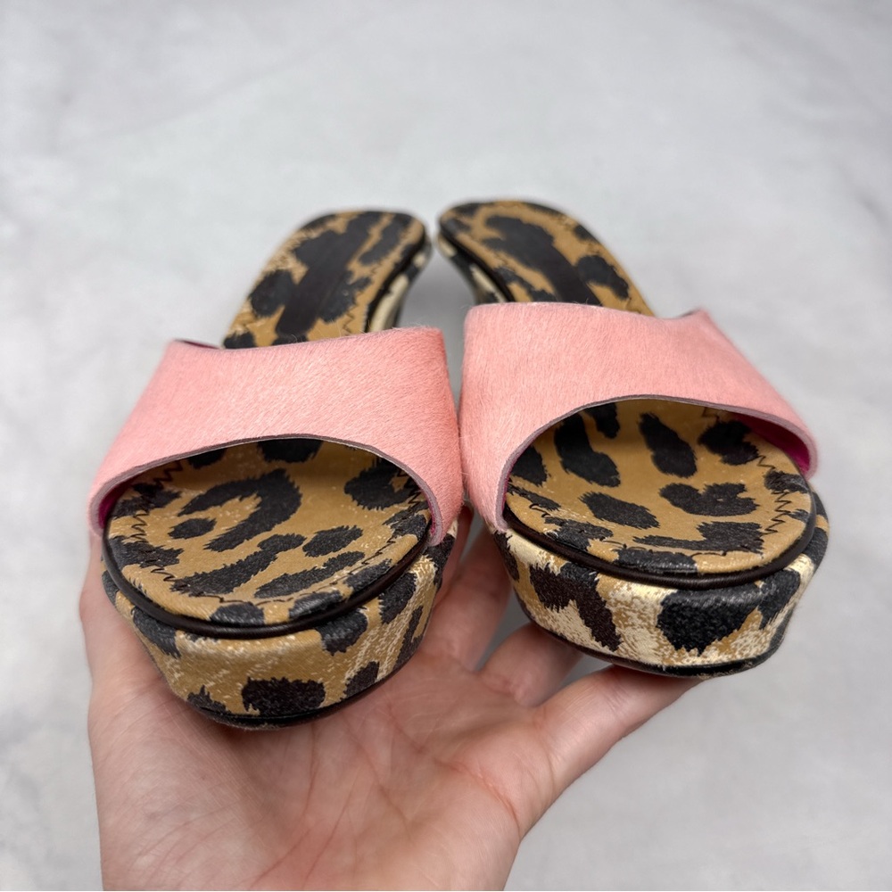 CASADEI Pink Calf Hair Leopard Print Denim Jean Mule Platform Wedge Sandals 6.5 - Picture 5 of 15